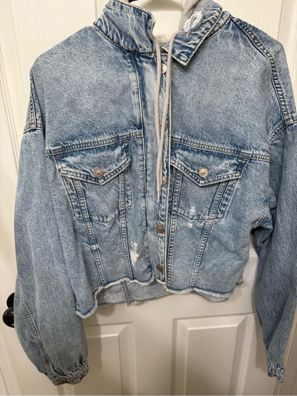 American Eagle Outfitters Light Blue Washed Denim Jacket with Hood